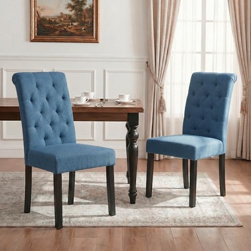 LSSBOUGHT Upholstered Dining Chairs Set of 2,Tufted Parsons Kitchen Chair with Solid Wood Legs, Modern Towel Fabric Side Chair for Dining Room/Restaurant(2pcs,Blue) - color: Blue-fabric, size: Set of 2