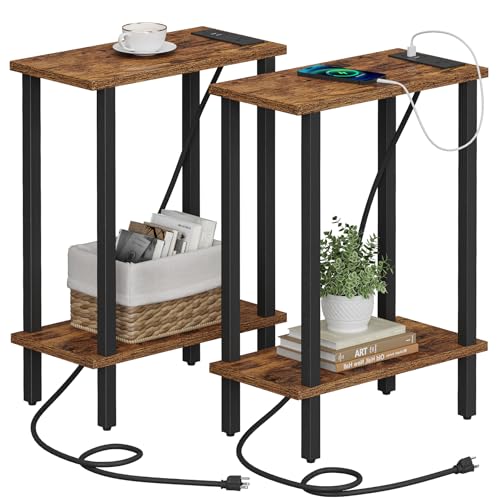 TUTOTAK Narrow Side Table Set of 2, Small End Table with Charging Station | 2-Tier Skinny Sofa Table, Slim Nightstand, Easy Assembly for Living Room, Bedroom, Brown TB01BB0602 - color: Brown, size: 2-tier
