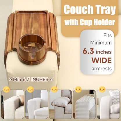 Couch Cup Holder Tray,Acacia Wood Sofa Arm Clip on Tray Table with 360° Rotation Cup Holder,Foldable Anti-Slip Couch Armrest Table for Coffee Mug,Water Bottles,Snacks,Remote on Large Armrest - color: Acacia Wood