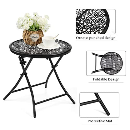 TeoKJ Folding Small Outdoor Side Tables, Anti Rust Small Patio Table Round Metal Nightstand with Flower Cutouts for Porch Yard Balcony Deck Lawn, Black - color: Black