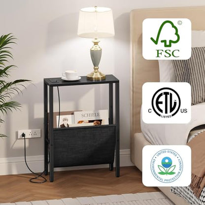 Narrow End Table with Charging Station, Narrow Nightstand with USB Ports & Outlet, Slim Sofa Side Table, Black End Table, Small Side Table for Small Spaces, Living Room, Bedroom, Black - color: Black