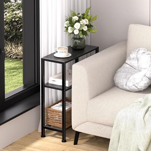 Narrow Side Table Set of 2 for Small Space, 2-Tier Small End Table with Shelf Holder, Slim Nightstand, Skinny Snack Couch Table in Living Room, Bedroom, Study, Kitchen and Balcony (Black) - color: Black