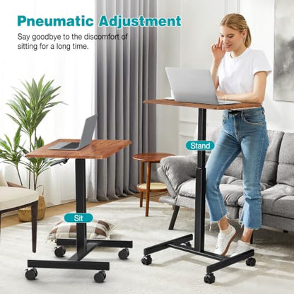 DUMOS Mobile Small Standing Desk, Laptop Desk, Home Office | Portable Rolling Design, 2 Lockable Wheels, Adjustable Height Computer Workstation, 19 Inch, Brown - color: Chocolate