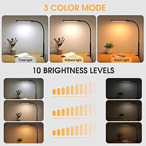 Voncerus LED Desk Lamp with Clamp, Eye-Caring Clip on Lights for Home Office, 3 Modes 10 Brightness, Long Flexible Goose-Neck, Metal, Swing Arm Architect Task Table Lamps with USB Adapter, Black - color: ‎S1 Black