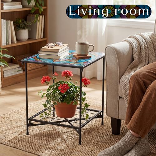 Cinnvoice Outdoor Side Table 2-Tier Storage Square Small Mosaic Patio Accent Indoor End Plant Coffee Tea Table for Yard Patio Porch Garden Living Room, Bedroom(Mandala Style) - style: Mandala Style