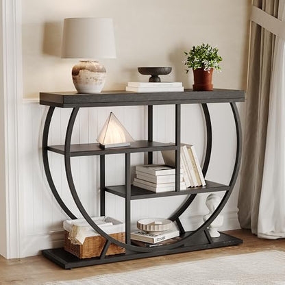 Garvee Entryway Table with Storage, Industrial 4-Tier Narrow Console Table Behind Couch with Half-Circle Base & Storage Shelves for Living Room, Hallway, Foyer - color: Black