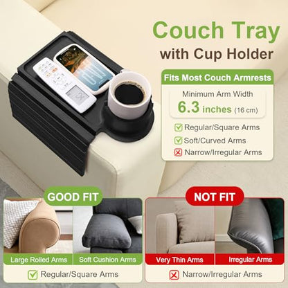 Couch Cup Holder Tray - 3 in 1 Sofa Arm Tray with 360° Rotating Cup Holder & Phone Stand,Fits Various Couches Arm Widths - Anti-Slip Foldable Couch Arm Tray for Snacks, Cellphone Remote - color: Black