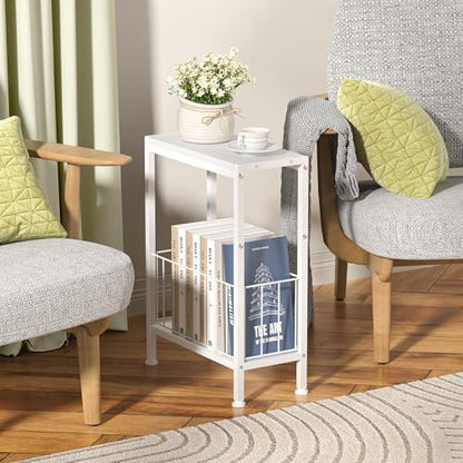 Narrow Side Table, Skinny End Tables with Magazine Holder, Small Sofa Table for Small Spaces, Space-Saving Design, Slim Nightstand Bedside Table for Living Room, Bedroom, Office, White - color: White