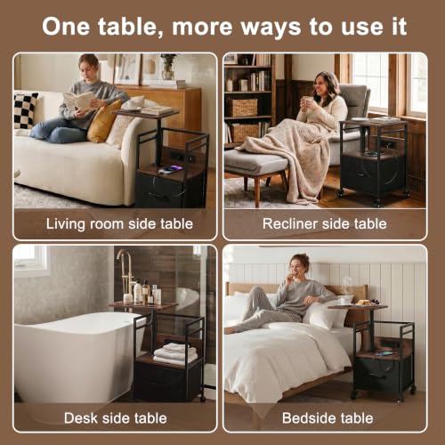 Small Bedside Table with Charging Station, Rolling Side Table with Wheels, Small Nightstand with Drawer Storage for Bedroom - Walnut Look - color: Walnut