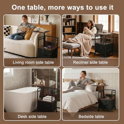 Small Bedside Table with Charging Station, Rolling Side Table with Wheels, Small Nightstand with Drawer Storage for Bedroom - Walnut Look - color: Walnut