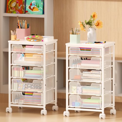 Sbanmao 5 Drawers Rolling Utility Cart, Storage Drawer Cart with Wooden Top, Rolling Storage Cart on Lockable Wheels, Metal Utility Cart & Craft Storage Cart for Bedroom, Classroom, Office, White - color: White | New Model, size: 5 Drawers