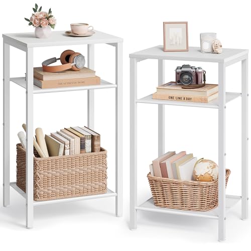 Hoctieon 2-Set 3 Tier End Table, Telephone Table Set of 2, Tall Side Table with Storage Set of 2, Small Nightstand for Small Spaces, Metal Frame, White - color: White, size: 2 Pack