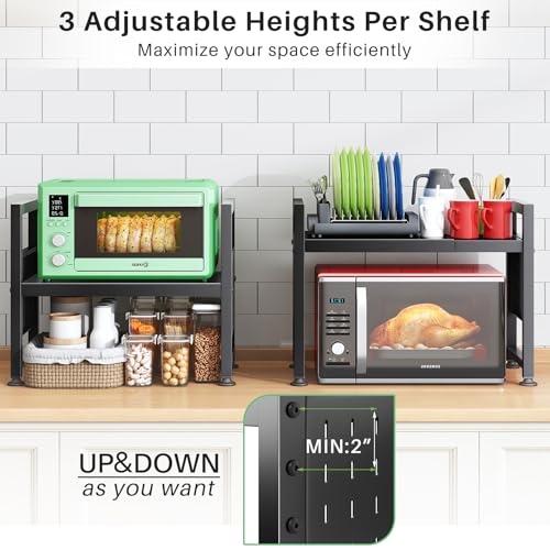 Kitstorack Adjustable Microwave Oven Rack,Microwave Stand Shelf Heavy Duty 2-Tier Shelf with Cutting Boards Stand for Kitchen Shelves Counter Top Organizer, Holds 120lbs,9 Hooks - style: 2 Tier-Black