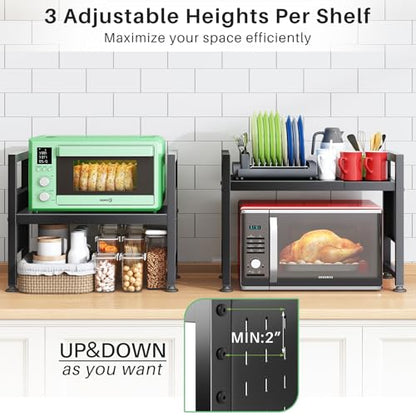 Kitstorack Adjustable Microwave Oven Rack,Microwave Stand Shelf Heavy Duty 2-Tier Shelf with Cutting Boards Stand for Kitchen Shelves Counter Top Organizer, Holds 120lbs,9 Hooks - style: 2 Tier-Black