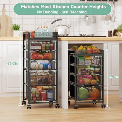 keomaisyto 6-Tier Kitchen Storage Cart with Top Basket & Drawers, Utility Fruit Vegetable Storage Rack on Lockable Wheels, Metal Rolling Snack Cart, Kitchen Organization for Potatoe Onion Can Spice - size: 6-Tier