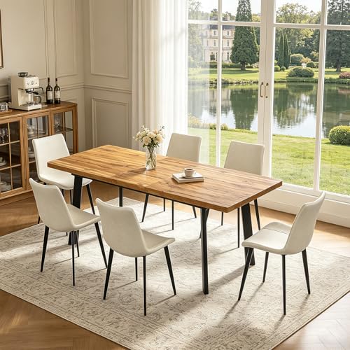 Extendable Dining Table Set for 6 to 8 People, 63" to 78.7" Modern Kitchen Table Set with 6 Leather Chairs, MDF Dining Room Table and Chairs with Removable Extension Leaf (Walnut Table+White Chairs) - color: 63'' - 78.7'' Walnut Table+6 Beige Chairs