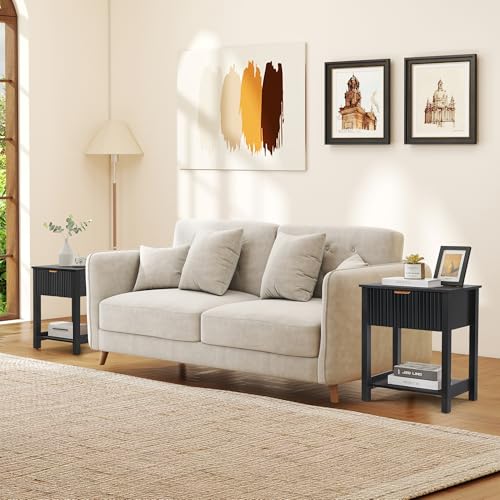 Small Nightstand with Drawer, Mid Century Modern Nightstand for Bedroom, Fluted End Table with Storage for Living Room, Couch, Sofa, Bedside, Office, Desk Side Table for Small Spaces-Black - size: 1 Piece