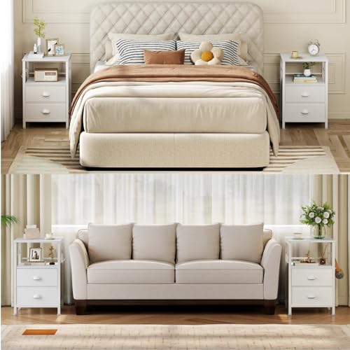 Furologee Nightstands Set of 2, End Table with 2 Fabric Drawers, Night Stand with 2 Hooks, Open Wood Shelf Bedside Table for Bedroom/Living Room/White - color: White, style: 2 pc