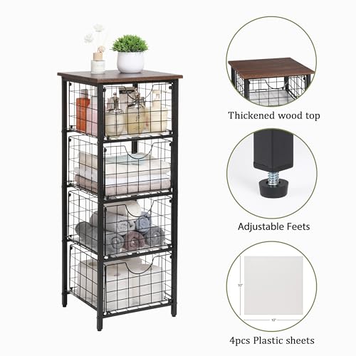 DINGTAI 5-Tier FreeStanding Storage Shelves with 4 Pull-Out Baskets,Bathroom Organizer Shelves Unit with WoodTop,Fruit Basket for Kitchen,Storage Tower Organizer Basket Cart for Bathroom，Black