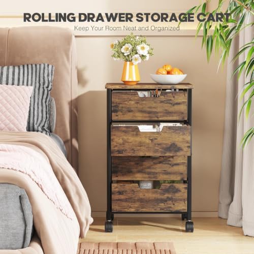 Rolling Cart with Drawers, Wooden Top and Front, with Wheels Metal Under Desk Storage Cart with 4 Drawers, for Office, Bedroom, Classroom, Home, Rustic Brown - color: Rustic Brown