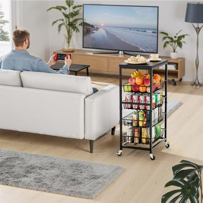 Snack Cart, 5-Tier Kitchen Carts on Wheels with Storage,Fruit Basket Stand with Pull-Out Baskets and Wood Top,Kitchen Organizer for Fruit Vegetable Snack (Black) - color: Black