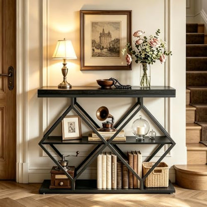 Garvee 3 Tier Console Table,39" Industrial Entryway Table,Open Wood Shelves | Sofa Table,Narrow Wood Accent Tables with Metal Frame for Hallway,Living Room,Behind Couch,Foyer,Entrance,Black - color: Black + Diamond-shaped