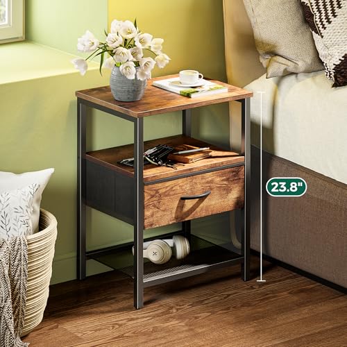 Huuger Nightstand Set of 2, Night Stand with Fabric Drawer, Mesh Shelf, Side Table with Storage, Fabric Drawer Dresser, Open Shelf, Metal Frame, Bedroom, Rustic Brown - color: Rustic Brown