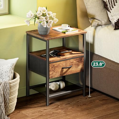 Huuger Nightstand Set of 2, Night Stand with Fabric Drawer, Mesh Shelf, Side Table with Storage, Fabric Drawer Dresser, Open Shelf, Metal Frame, Bedroom, Rustic Brown - color: Rustic Brown