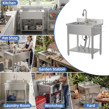 Stainless Steel Utility Sink, 29.5" Single Bowl Freestanding Laundry Sink with 360° Hot & Cold Water Faucet, Hoses & Drain Kit, Outdoor/Indoor Commercial Sink for Kitchens, Garage, Laundry Room - size: 29.54" x 19.7" x 35.2"