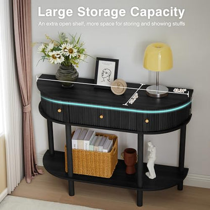 XUZENEST 43.3“ Fluted Half Moon Console Table, Modern Entryway Console Sofa Table with Storage, Narrow Wood Accent Tables Behind Couch Tables for Living Room, Hallway, Foyer(Black) - color: 43.3 Haflf Moon Black