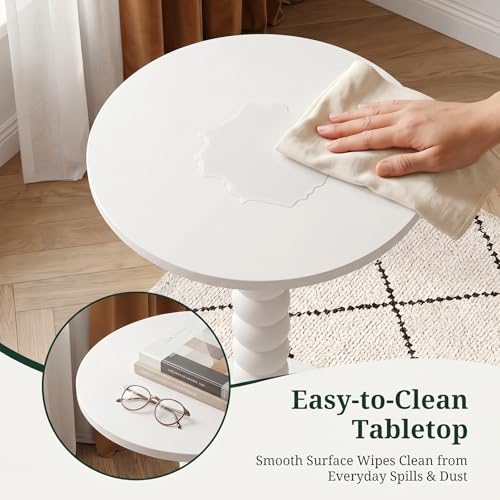 Round Side Table for Small Spaces, Modern Pedestal End Table with Solid Wood Spindle Leg, Small Drink Table Accent Nightstand for Living Room, Bedroom, Sofa Side, Apartment & Office, White - color: White