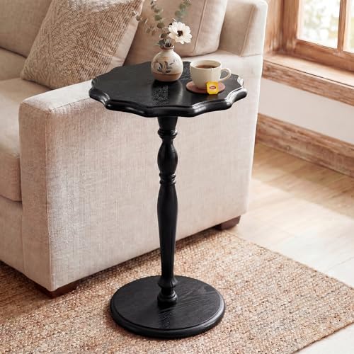 STO'SENSE Black Round Side Table, Drink Table for Small Spaces,Modern Accent Nightstand w/Solid Wood Leg, Mid-Century Pedestal Sofa Table w/Classic Sculpted Design for Living Room,Tool-Free Assembly - color: Black, size: 12-Scalloped Top