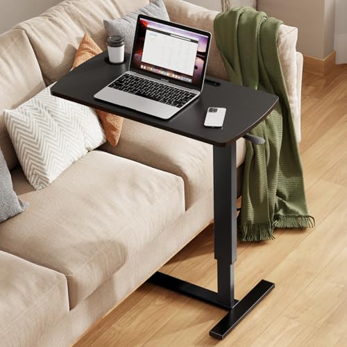 Foldable Overbed Table with Wheels, Pneumatic Adjustable Desk | 31.5 X 17.7 In Desktop with Cup Holders and Tablet Slot, Hidden Casters, 88 Lbs Capacity, Installs on Either Side of Bed - color: Black