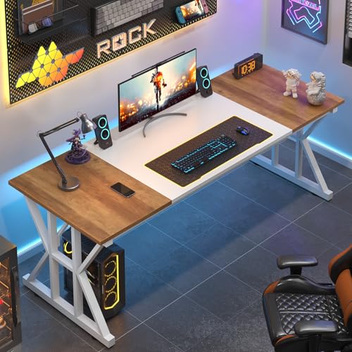 TVU Computer Desk, 63 inch Large Office Desk, Study Writing Table with Thicken Frame, Gaming Desk, Modern Simple Desk for Home Office, Brown/White - color: Brown+white, size: 63inch