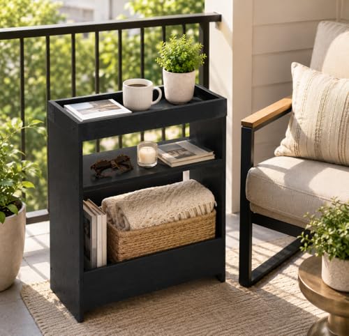 Farmhouse Narrow Side Table with Tray Top & Magazine Rack, 24" H Sofa Couch Side Table with Storage Shelf, Slim End Table for Small Spaces, Modern Nightstand for Bedroom, Living Room (Black) - color: Black