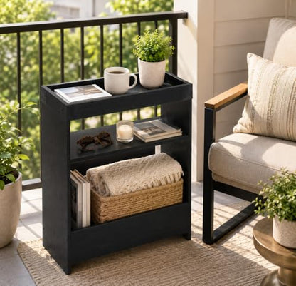 Farmhouse Narrow Side Table with Tray Top & Magazine Rack, 24" H Sofa Couch Side Table with Storage Shelf, Slim End Table for Small Spaces, Modern Nightstand for Bedroom, Living Room (Black) - color: Black