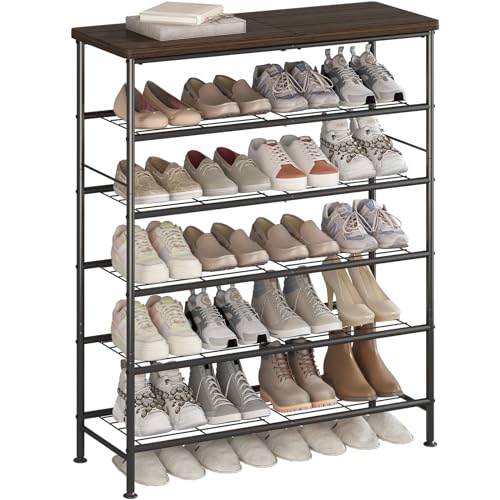 SUOERNUO Shoe Rack Organizer 6 Tier for Closet Entryway Free Standing Metal Storage Shoe Shelf with MDF Top Board，Black - color: Black+rustic Brown, size: Standard 6 Tier