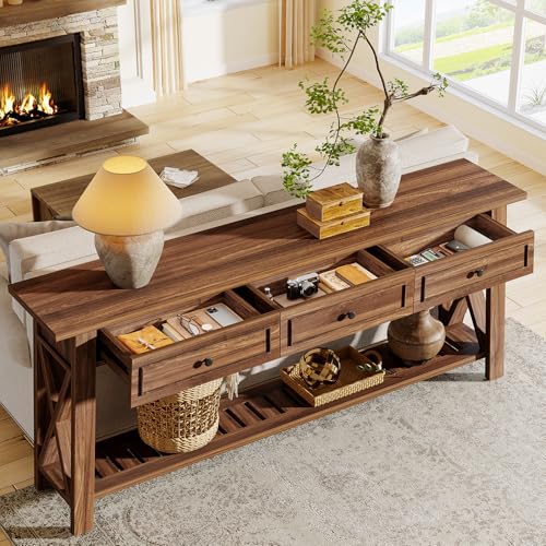 Tribesigns Console Table with 3 Storage Drawers, 70.87 Inches Extra Long Sofa Table Behind Couch with Bottom Shelf, Farmhouse Wooden Entryway Hallway Foyer Table for Living Room, Entrance (Walnut) - color: Walnut