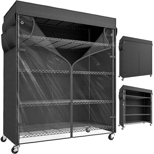 REIBII 45''W Storage Shelves with Cover & Wheels, Metal Shelving Waterproof Dustproof, Wire Shelving Unit Covers, Garage Storage Rack Wire Shelf for Kitchen Pantry, Storage Room, 45Wx17.72Dx72.83H - size: 45" W x 17.72" D x 72.83" H