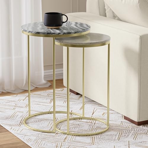 SIMPLIHOME Ashley Nesting Tables Set – 16 inch Wide Genuine Marble Top Metal Accent Tables in Grey Taupe Marble/Gold, Round End Tables for Living Room or Bedroom with Compact Design, Assembled