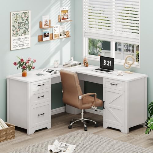 Halitaa 59” Farmhouse L Shaped Executive Desk with File Drawer, Cream White | Home Office Desk with Storage Cabinet, Wood Corner Sturdy Writing Workstation