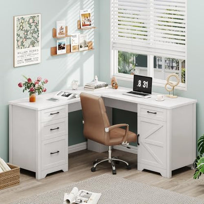 Halitaa 59” Farmhouse L Shaped Executive Desk with File Drawer, Cream White | Home Office Desk with Storage Cabinet, Wood Corner Sturdy Writing Workstation