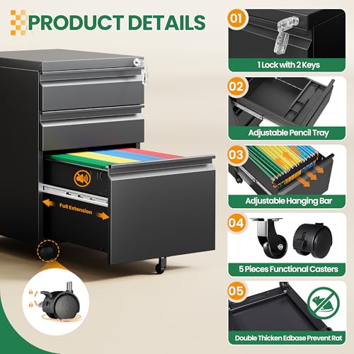 3 Drawer Mobile File Cabinet with Lock,Under Desk Rolling File Cabinet for Home Office Fits Legal/Letter/A4 File (Unassembled,Black) - color: Black, size: 14.6"W x 24.4"H x 17.3"D