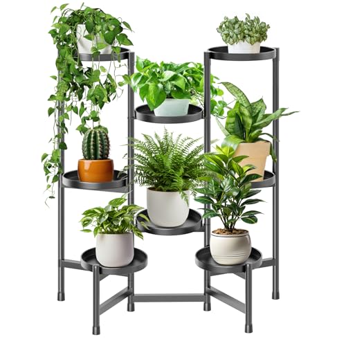 5 Tier Plant Stand Indoor Tall, Adjustable Black Plant Shelf for Multiple 8 Potted Flower Plants Holders, Corner Metal Flower Display Rack for Patio Garden Balcony Living Room Office (A) - color: 8 pots-Black