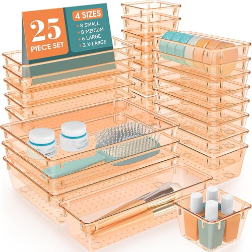WOWBOX 25 PCS Plastic Drawer Organizer Set, 4 Sizes Desk Drawer Divider Organizers and Storage Bins for Makeup, Jewelry, Gadgets for Kitchen, Bedroom, Bathroom, Office, Clear Orange - color: Orange