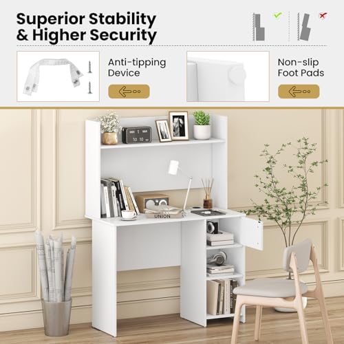 Giantex White Desk with Hutch, Small Computer Desk with Bookshelf & Adjustable Shelf, 2 Cable Holes, Modern Laptop PC Computer Workstation, Study Writing Desk for Small Spaces, Bedroom, Home Office - color: White