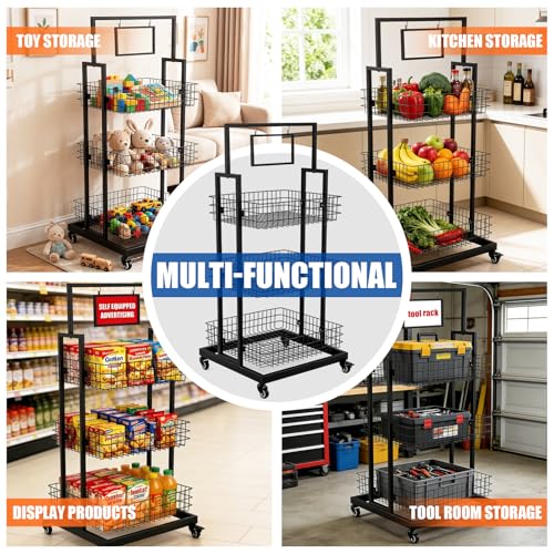 3-Tier Metal Wire Basket Display Cart with Lockable Casters and Blank Sign Holder Multipurpose Storage Rack for Snack Candy Fruit Bakery Convenience Store Kitchen Pantry