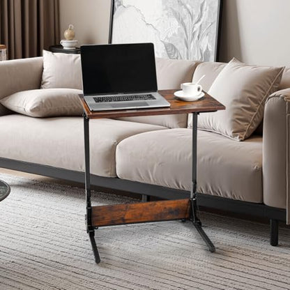 VEVOR C Table, Folding C Shaped End Table with Metal Frame & Adjustable Feet, Foldable C Shaped Side Table for Living Room Bedroom Office, 23.62 x 14.57 x 27.56 inch TV Tray, Brown and Black - style: Folding