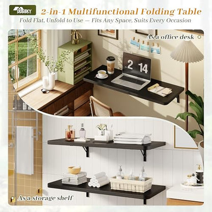 Dogsky 36" x 14" Floating Wall Desk, Fold Down Wall Table - 200 lbs Heavy Duty Solid Pine Wall Mount Folding Desk for Home Office, Laundry Room, Kitchen & Small Apartment, Black - color: Black, size: 36'' x 13.7'' x 6.3''