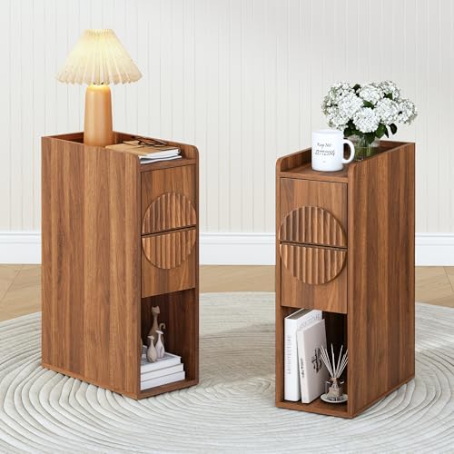 Narrow Nightstands Set of 2 for Bedroom, Mid Century Modern Wooden Bedside with 2 Drawers, Fluted Skinny End Table, 8 Inch Wide Slim Side Tables for Small Spaces - color: Walnut X40